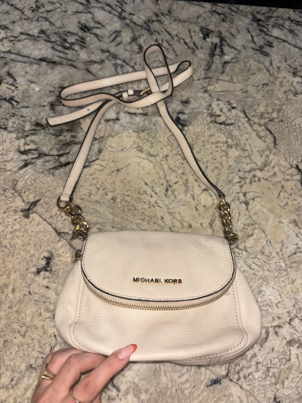 Michael Kors Bedford Flap Crossbody Cream Pebbled Leather Gold Chain Bag
